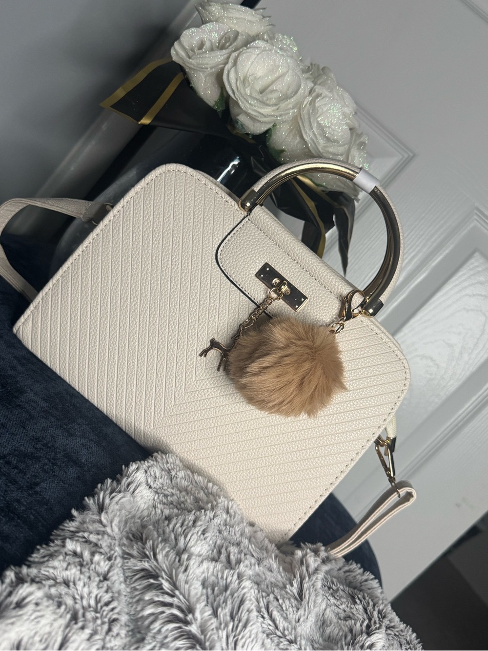 Nina Blush Pink Structured Top-Handle Satchel with Pom-Pom Charm - Picture 2 of 4